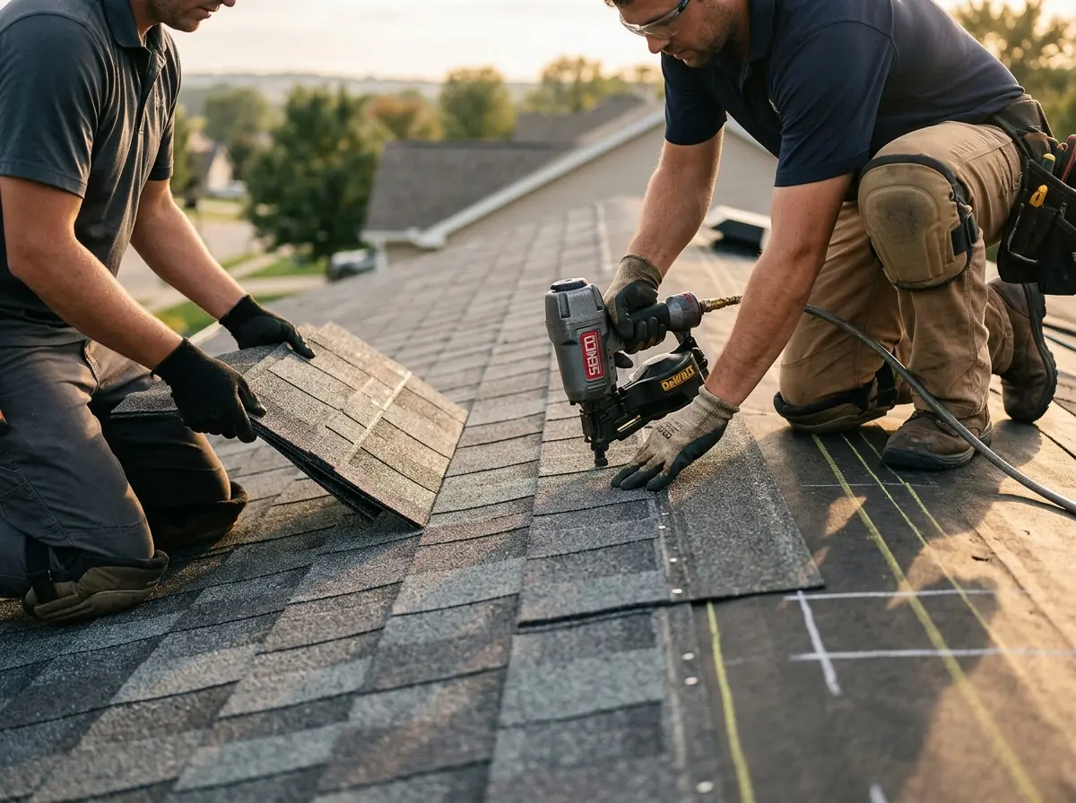 Professional roofer working on a residential roof in Olean